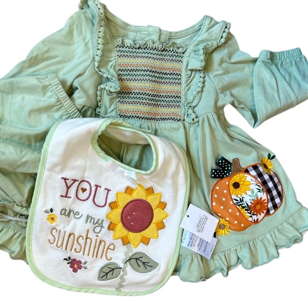 New Good Lad Baby Girl Smocked Fall Pumpkin Dress, Ruffle Bloomers, Boutique Bib